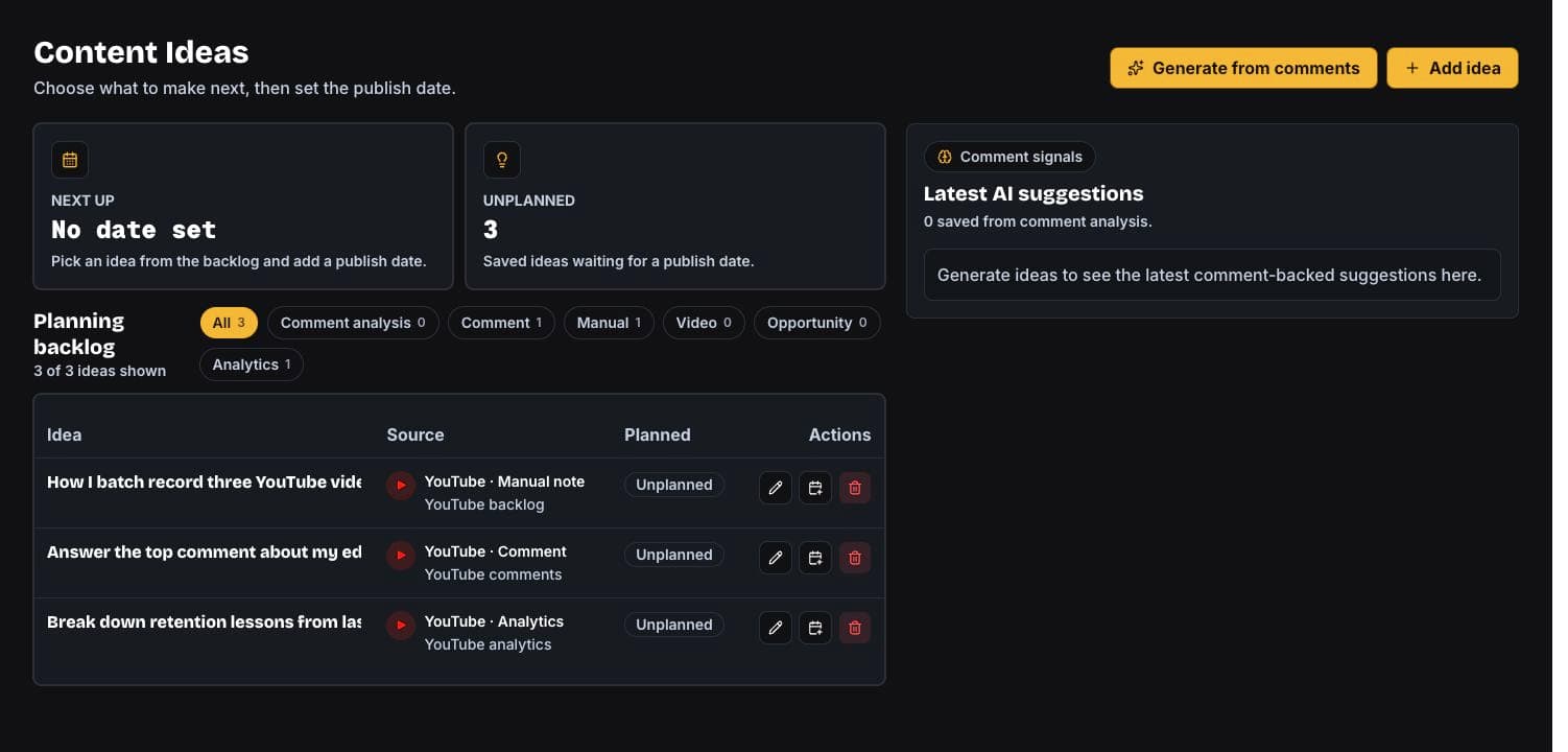 OutlierView Content Ideas backlog showing three next-video ideas organized by source
